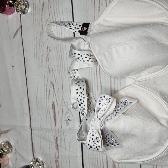 SET VICTORIA Secret White Sheer Bling Bow Lace Dots Dream Angels Corset 36 DD - Picture 11 of 14